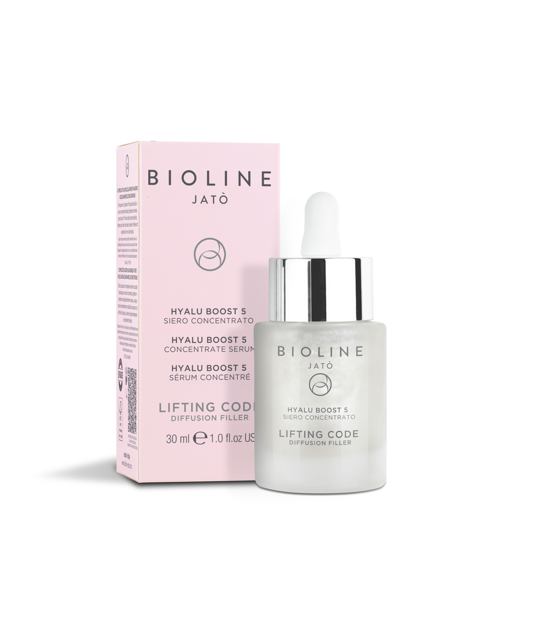 Från Bioline Jató, Lifting Code. Ett komplex av fem hyaluronsyror i ett serumkoncentrat. Återfuktar på djupet och fyller huden. Ansiktet återställer omedelbart sin elasticitet och mjukhet. Resultatet blir en fräsch och tonad hy. Rynkor och uttryckslinjer reduceras synbart.