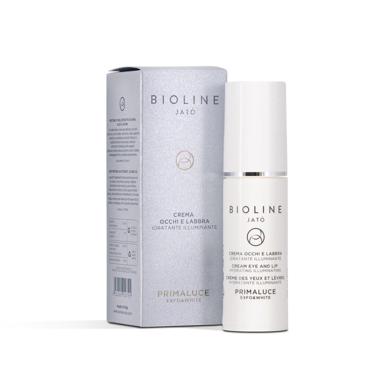 Från Bioline Jató, Primaluce. En specifik behandling för den känsliga ögon- och läppkonturzonen. Ger näring, återfuktar och förbättrar hudens elasticitet och mjukhet. Minskar synligheten av svullna ögon och mörka ringar vilket ger lyster och fräschör till ögonen.