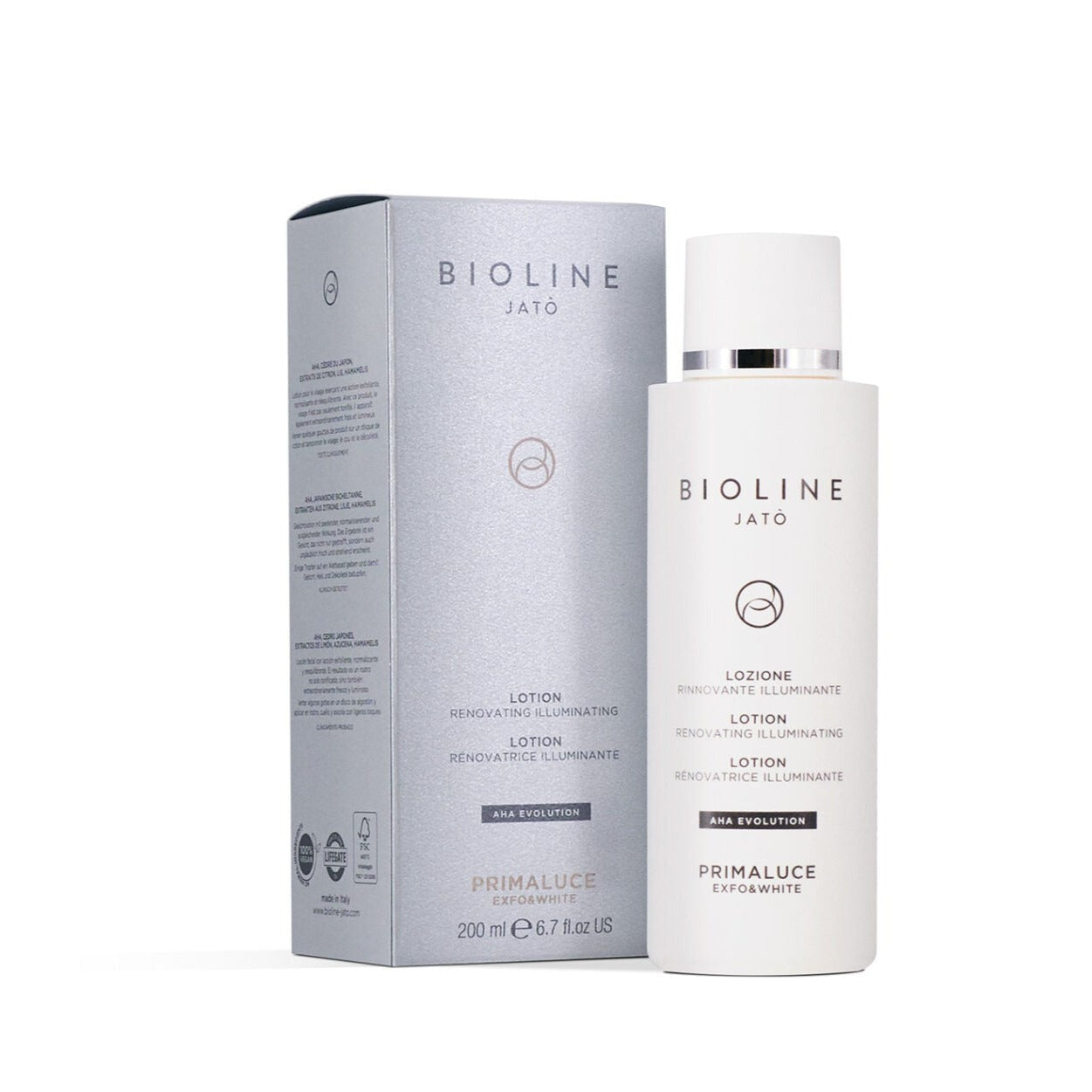 Från Bioline Jató, Primaluce. Ansiktslotion med exfolierande, normaliserande och återbalanserande verkan. Resultatet är en tonad, fräsch och strålande hud.